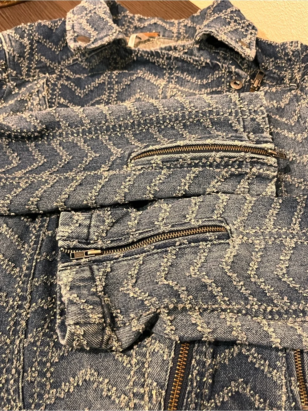 Free People Blue Chevron Denim Moto Jacket - Picture 10 of 11
